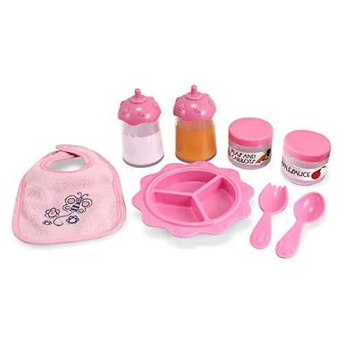  [아마존베스트]Melissa & Doug Mine to Love Baby Food & Bottle Set (Doll Accessories, Easy-Close Bib, Orange Juice and Milk Bottles, 8-Piece Set, 14” H x 11” W x 2.5” L)