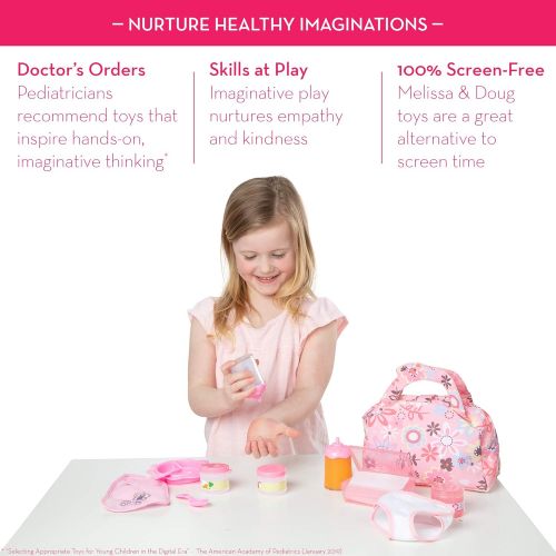  [아마존베스트]Melissa & Doug Mine to Love Baby Food & Bottle Set (Doll Accessories, Easy-Close Bib, Orange Juice and Milk Bottles, 8-Piece Set, 14” H x 11” W x 2.5” L)