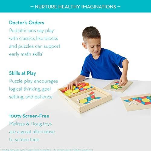  [아마존베스트]Melissa & Doug Pattern Blocks and Boards Classic Toy (Developmental Toy, Wooden Shape Blocks, Double-Sided Boards, 120 Shapes & 5 Boards)