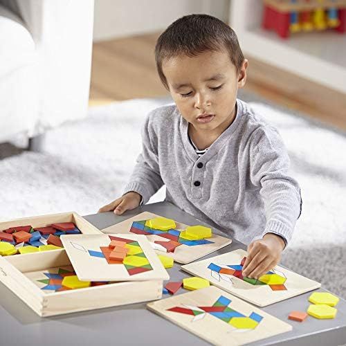  [아마존베스트]Melissa & Doug Pattern Blocks and Boards Classic Toy (Developmental Toy, Wooden Shape Blocks, Double-Sided Boards, 120 Shapes & 5 Boards)