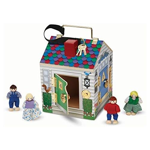  [아마존베스트]Melissa & Doug Take-Along Wooden Doorbell Dollhouse (Doorbell Sounds, Keys, 4 Poseable Wooden Dolls, 9 H x 6.8 W x 6.8 L)