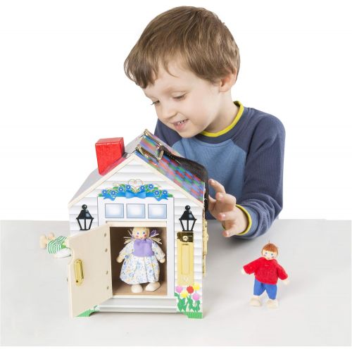  [아마존베스트]Melissa & Doug Take-Along Wooden Doorbell Dollhouse (Doorbell Sounds, Keys, 4 Poseable Wooden Dolls, 9 H x 6.8 W x 6.8 L)