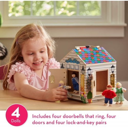  [아마존베스트]Melissa & Doug Take-Along Wooden Doorbell Dollhouse (Doorbell Sounds, Keys, 4 Poseable Wooden Dolls, 9 H x 6.8 W x 6.8 L)