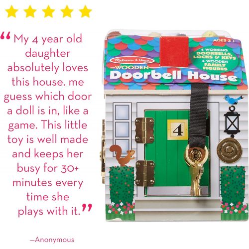  [아마존베스트]Melissa & Doug Take-Along Wooden Doorbell Dollhouse (Doorbell Sounds, Keys, 4 Poseable Wooden Dolls, 9 H x 6.8 W x 6.8 L)