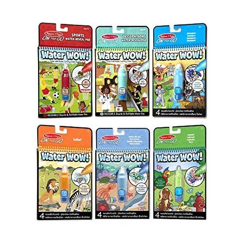  [아마존베스트]Melissa & Doug On The Go Water Wow! Reusable Color with Water Activity Pad 6-Pack, Sports, Occupations, Adventure, Safari, Under The Sea, Animals, Chunky-Size Water Pens, Multi