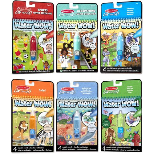  [아마존베스트]Melissa & Doug On The Go Water Wow! Reusable Color with Water Activity Pad 6-Pack, Sports, Occupations, Adventure, Safari, Under The Sea, Animals, Chunky-Size Water Pens, Multi