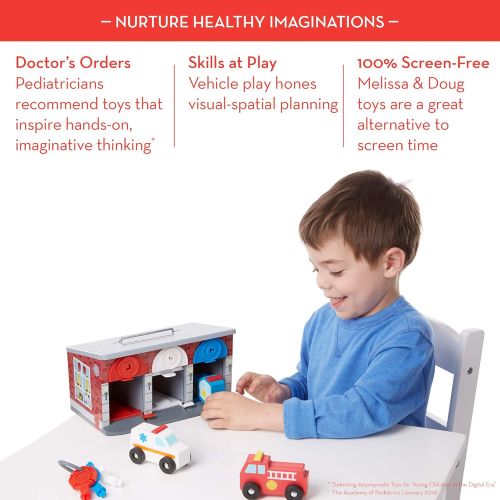  [아마존베스트]Melissa & Doug Keys & Cars Wooden Rescue Vehicle & Garage Toy (Emergency Vehicles, Great for Motor Skill Development, Color-Coded Keys)