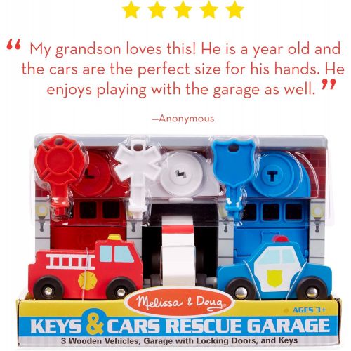  [아마존베스트]Melissa & Doug Keys & Cars Wooden Rescue Vehicle & Garage Toy (Emergency Vehicles, Great for Motor Skill Development, Color-Coded Keys)