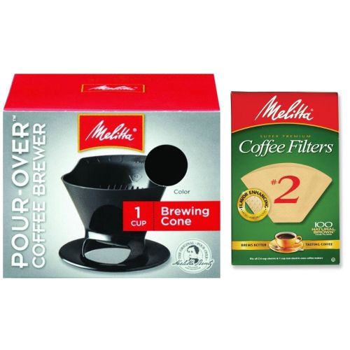  Melitta Pour Over Coffee Cone Brewer & #2 Filter Natural Brown Combo Set, Black