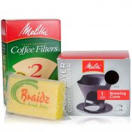 Melitta Coffee Maker Single Cup Pour Over Coffee Brewer with Natural Brown Cone Coffee Filters #2 100-Count and a Braidz Scrub Pad