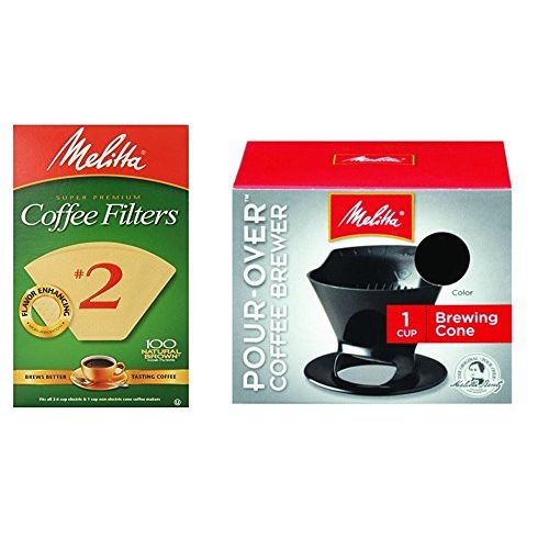  Bundle - Melitta Ready Set Joe Single Cup Pour Over Coffee Brewer Maker, Black + #2 Natural Brown Cone Coffee Filters 100-Count