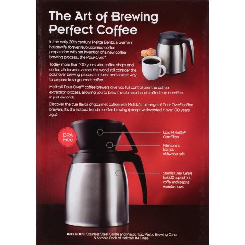  Melitta Coffee Maker, 10 Cup Pour- Over Brewer with Stainless Thermal Carafe, Steel Carafe - Package Might Vary (60 OZ)