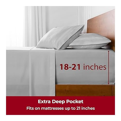  Mellanni Extra Deep Queen Sheets - 4 PC Iconic Collection Bedding Sheets & Pillowcases - Hotel Luxury, Ultra Soft, Cooling Bed Sheets - Extra Deep Pocket up to 21 inch (Queen, Light Gray)