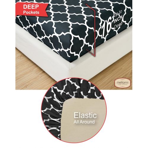  Mellanni Bed Sheet Set TwinXL-Black - Brushed Microfiber Printed Bedding - Deep Pocket, Wrinkle, Fade, Stain Resistant - 3 Piece (Twin XL, Quatrefoil Black)