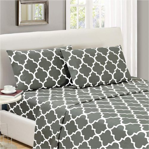  Mellanni Bed Sheet Set TwinXL-Gray - Brushed Microfiber Printed Bedding - Deep Pocket, Wrinkle, Fade, Stain Resistant - 3 Piece (Twin XL, Quatrefoil Silver - Gray)