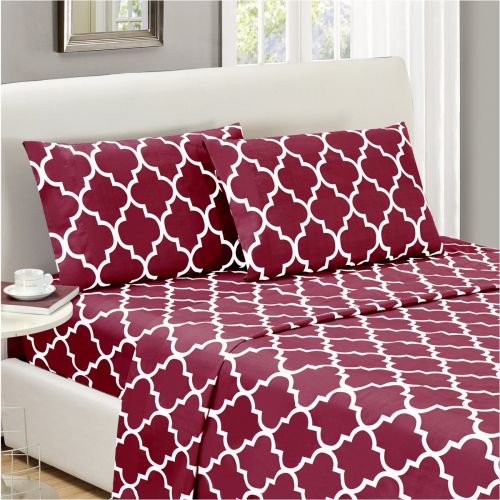  Mellanni Bed Sheet Set TwinXL - Brushed Microfiber Printed Bedding - Deep Pocket, Wrinkle, Fade, Stain Resistant - 3 Piece (Twin XL, Quatrefoil Burgundy - Red)