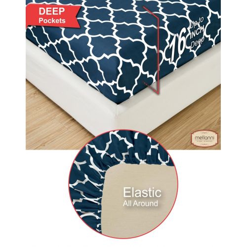  Mellanni Bed Sheet Set TwinXL-Navy-Blue - Brushed Microfiber Printed Bedding - Deep Pocket, Wrinkle, Fade, Stain Resistant - 3 Piece (Twin XL, Quatrefoil Navy Blue)