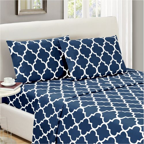  Mellanni Bed Sheet Set TwinXL-Navy-Blue - Brushed Microfiber Printed Bedding - Deep Pocket, Wrinkle, Fade, Stain Resistant - 3 Piece (Twin XL, Quatrefoil Navy Blue)