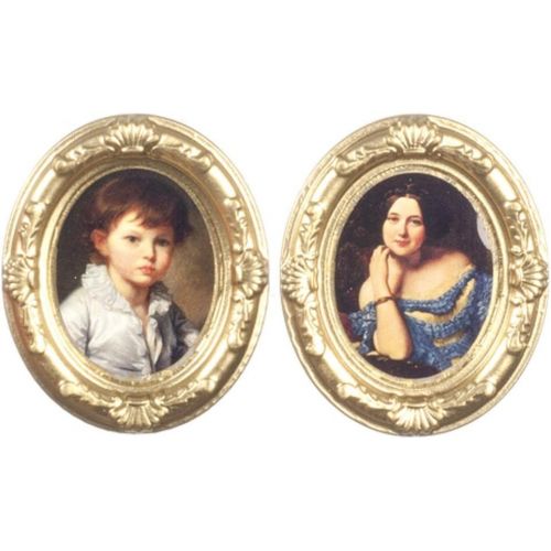  Melody Jane Dollhouse 2 Victorian Portrait Pictures in Gold Oval Frames 1:12