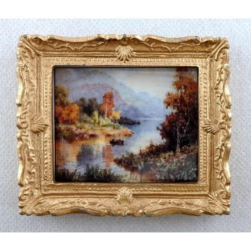  Melody Jane Dolls Houses House Miniature Accessory Scenic Scottish Loch Picture Painting Gold Frame