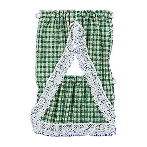  Melody Jane Dolls Houses Melody Jane Dollhouse Green Beige Gingham Country Kitchen Curtains & Valance 1:12 Scale