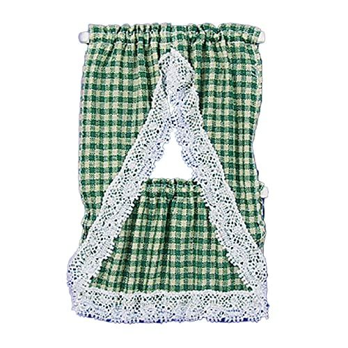  Melody Jane Dolls Houses Melody Jane Dollhouse Green Beige Gingham Country Kitchen Curtains & Valance 1:12 Scale
