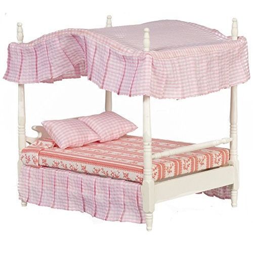  Melody Jane Dolls Houses Melody Jane Dollhouse White Double 4 Poster Canopy Bed Miniature 1:12 Bedroom Furniture