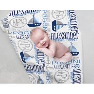 MemoryJarCreations Baby Name Blanket with Sailboats - Personalized Baby Boy Blanket - Baby Name Blanket - Personalized Swaddle - Nautical - Monogrammed