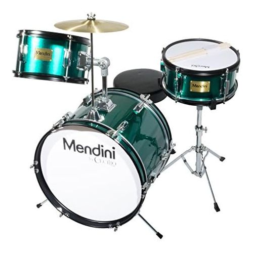  Mendini by Cecilio 16 inch 3-Piece Kids/Junior Drum Set with Adjustable Throne, Cymbal, Pedal & Drumsticks, Metallic Green, MJDS-3-GN