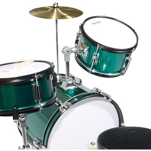  Mendini by Cecilio 16 inch 3-Piece Kids/Junior Drum Set with Adjustable Throne, Cymbal, Pedal & Drumsticks, Metallic Green, MJDS-3-GN