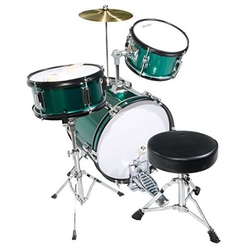  Mendini by Cecilio 16 inch 3-Piece Kids/Junior Drum Set with Adjustable Throne, Cymbal, Pedal & Drumsticks, Metallic Green, MJDS-3-GN