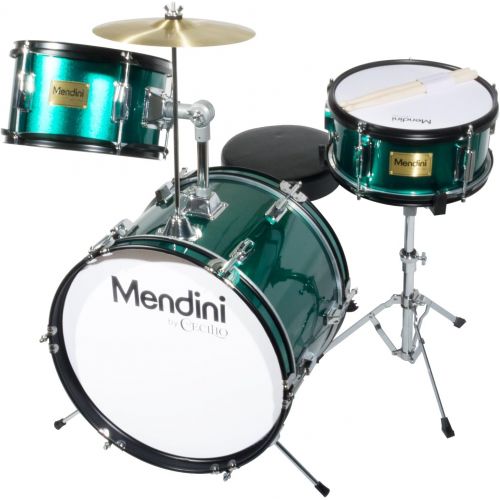  Mendini by Cecilio 16 inch 3-Piece Kids/Junior Drum Set with Adjustable Throne, Cymbal, Pedal & Drumsticks, Metallic Green, MJDS-3-GN