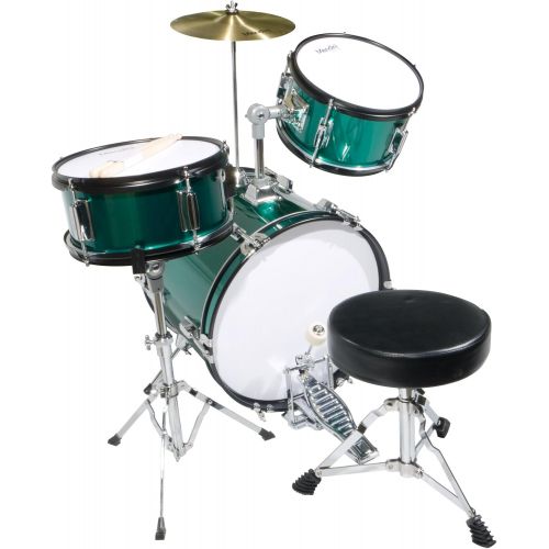  Mendini by Cecilio 16 inch 3-Piece Kids/Junior Drum Set with Adjustable Throne, Cymbal, Pedal & Drumsticks, Metallic Green, MJDS-3-GN