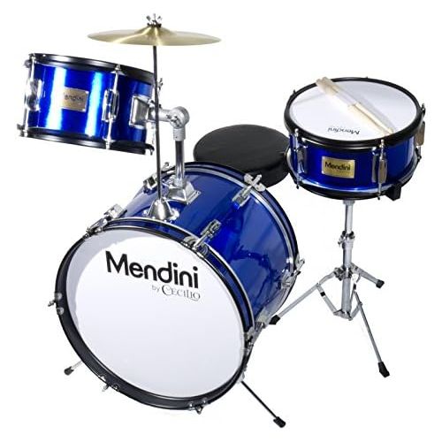  Mendini by Cecilio 16 inch 3-Piece Kids/Junior Drum Set with Adjustable Throne, Cymbal, Pedal & Drumsticks, Metallic Blue, MJDS-3-BL