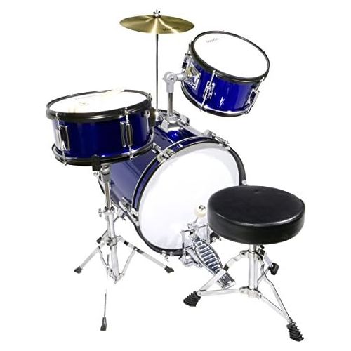  Mendini by Cecilio 16 inch 3-Piece Kids/Junior Drum Set with Adjustable Throne, Cymbal, Pedal & Drumsticks, Metallic Blue, MJDS-3-BL