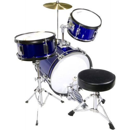  Mendini by Cecilio 16 inch 3-Piece Kids/Junior Drum Set with Adjustable Throne, Cymbal, Pedal & Drumsticks, Metallic Blue, MJDS-3-BL