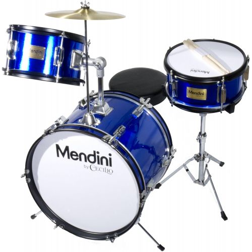  Mendini by Cecilio 16 inch 3-Piece Kids/Junior Drum Set with Adjustable Throne, Cymbal, Pedal & Drumsticks, Metallic Blue, MJDS-3-BL