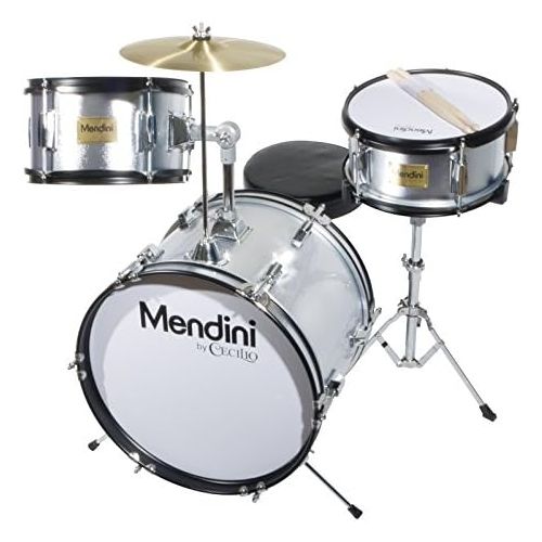  Mendini by Cecilio 16 inch 3-Piece Kids/Junior Drum Set with Adjustable Throne, Cymbal, Pedal & Drumsticks, Metallic Silver, MJDS-3-SR