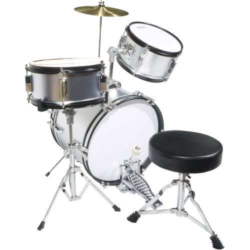  Mendini by Cecilio 16 inch 3-Piece Kids/Junior Drum Set with Adjustable Throne, Cymbal, Pedal & Drumsticks, Metallic Silver, MJDS-3-SR