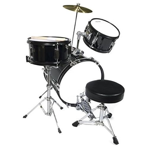  Mendini by Cecilio 16 inch 3-Piece Kids/Junior Drum Set with Adjustable Throne, Cymbal, Pedal & Drumsticks, Metallic Black, MJDS-3-BK