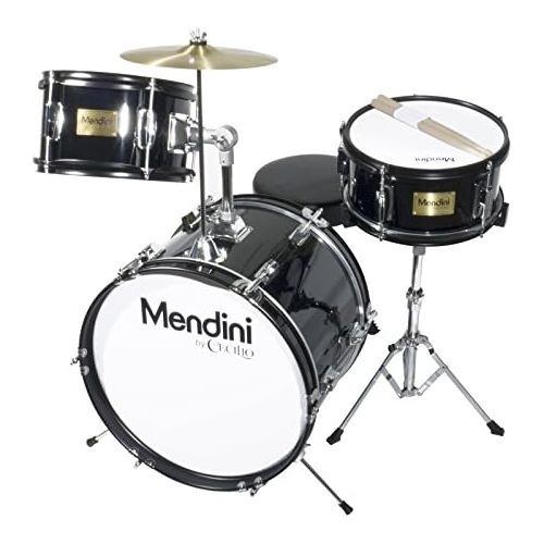  Mendini by Cecilio 16 inch 3-Piece Kids/Junior Drum Set with Adjustable Throne, Cymbal, Pedal & Drumsticks, Metallic Black, MJDS-3-BK