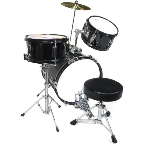  Mendini by Cecilio 16 inch 3-Piece Kids/Junior Drum Set with Adjustable Throne, Cymbal, Pedal & Drumsticks, Metallic Black, MJDS-3-BK