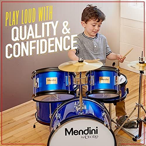  Mendini by Cecilio 16 inch 5-Piece Complete Kids/Junior Drum Set with Adjustable Throne, Cymbal, Pedal & Drumsticks, Metallic Silver, MJDS-5-SR