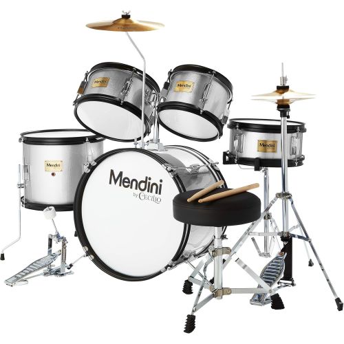  Mendini by Cecilio 16 inch 5-Piece Complete Kids/Junior Drum Set with Adjustable Throne, Cymbal, Pedal & Drumsticks, Metallic Silver, MJDS-5-SR