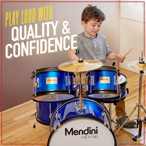  Mendini by Cecilio 16 inch 5-Piece Complete Kids/Junior Drum Set with Adjustable Throne, Cymbal, Pedal & Drumsticks, Metallic Silver, MJDS-5-SR