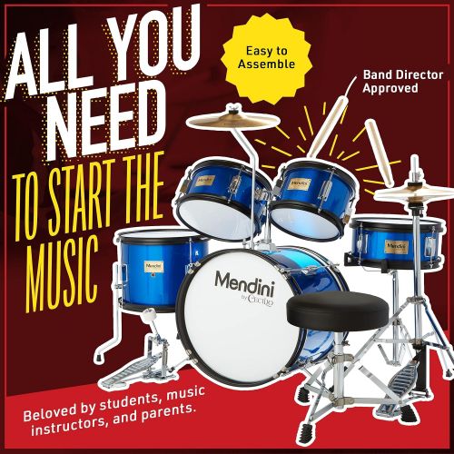  Mendini by Cecilio 16 inch 5-Piece Complete Kids/Junior Drum Set with Adjustable Throne, Cymbal, Pedal & Drumsticks, Metallic Silver, MJDS-5-SR