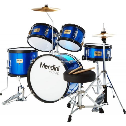  Mendini by Cecilio 16 inch 5-Piece Complete Kids/Junior Drum Set with Adjustable Throne, Cymbal, Pedal & Drumsticks, Metallic Blue, MJDS-5-BL