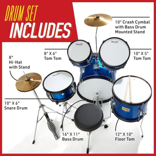  Mendini by Cecilio 16 inch 5-Piece Complete Kids/Junior Drum Set with Adjustable Throne, Cymbal, Pedal & Drumsticks, Metallic Blue, MJDS-5-BL