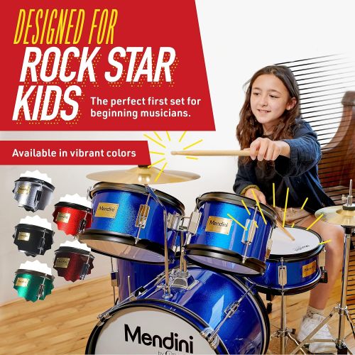  Mendini by Cecilio 16 inch 5-Piece Complete Kids/Junior Drum Set with Adjustable Throne, Cymbal, Pedal & Drumsticks, Metallic Blue, MJDS-5-BL