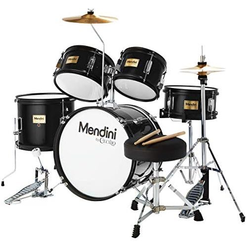  Mendini by Cecilio 16 inch 5-Piece Complete Kids/Junior Drum Set with Adjustable Throne, Cymbal, Pedal & Drumsticks, Metallic Black, MJDS-5-BK